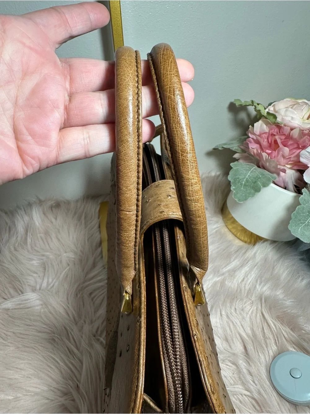 Brown Ostrich-Texture Satchel with Top Handles